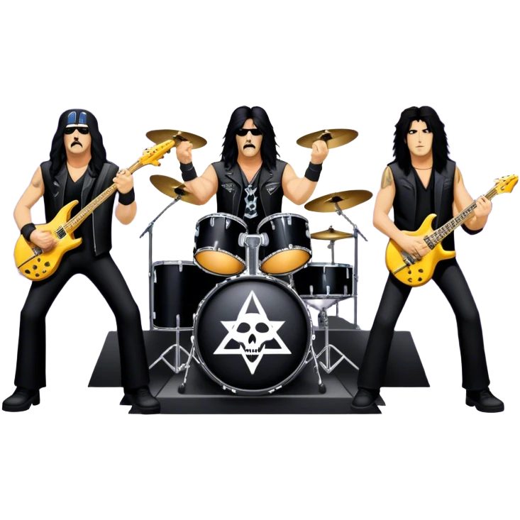 Icon for Heavy Metal: Anthrax live concert with Charlie Benante on drums, Joey Belladonna on vocals, Frank Bello on bass, Jonathan Donais and Scott Ian on guitars. The intense energy of the band is captured with instruments and stage lighting. Transparent background. emoji