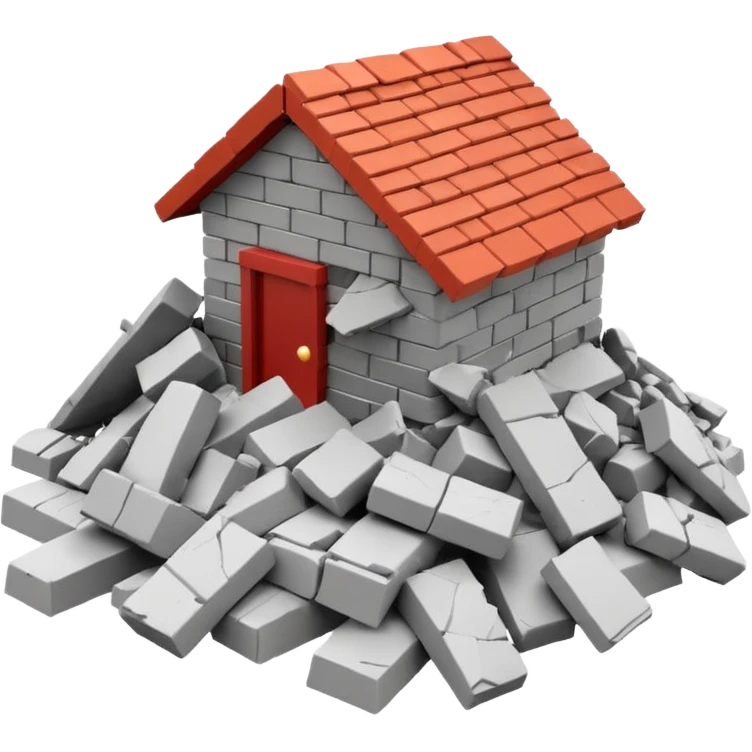 3D iPhone style emoji of a pile of bricks, roof pieces, and wall rubble, scattered and broken, isolated on white background, soft shadows, high detail, playful and cute emoji