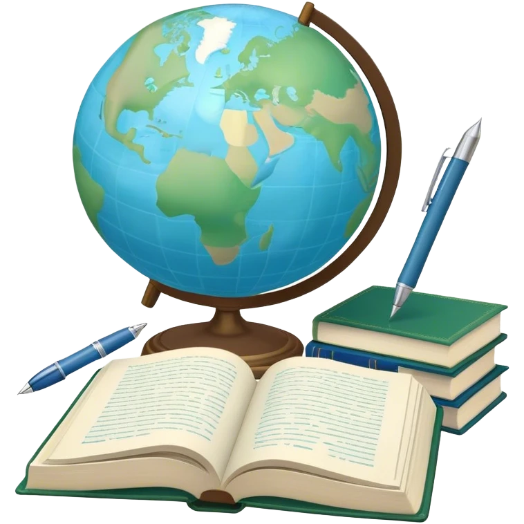 Create an emoji representing language translation. The design should feature a single globe in the background, symbolizing international communication. In front of the globe, place two opened books, with texts in it and a pen nearby to indicate the act of writing and vocabulary. Use a clean and professional color palette with blues, greens, and neutral tones. Do not include any emojis or smiley faces. Make the background transparent emoji