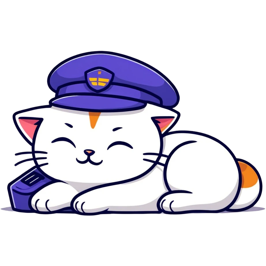 emoji of sleeping cat, its pose is lying, it has on his head FedEx uniform cap emoji