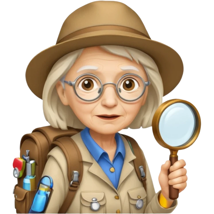 Explorer old woman backpack and magnifying glass, voyarer emoji