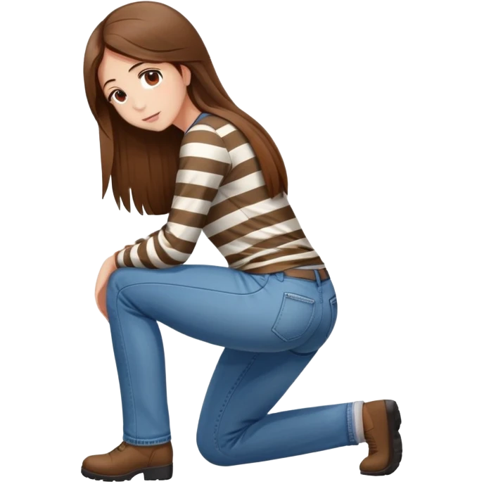 girl with long straight hair in jeans and striped shirt kneeling on the ground seen from behind emoji