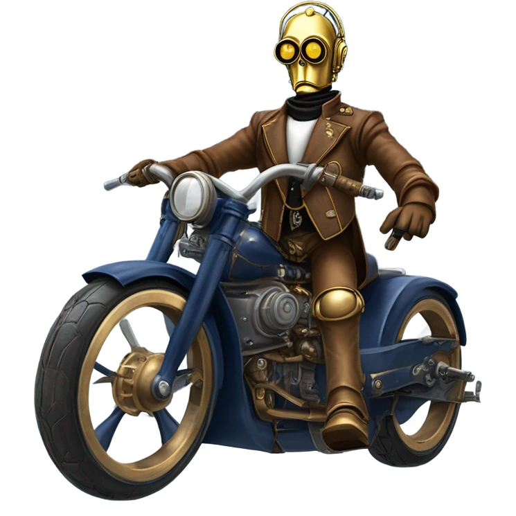 C-3PO wearing a pair of navy-blue rimmed steampunk goggles, hat, leather chaps, fringe jacket riding a fast 3 wheeler trike steampunk motorcycle on ice  emoji