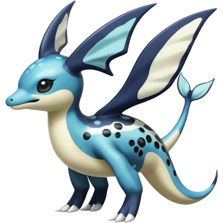 Black and white smooth glossy soft hot spotted Meloetta-Dialga-Orca-Giratina-Noivern-Vaporeon-Pokémon-Fakémon-fusion-hybrid-creature (full body), 4-legged,  emoji