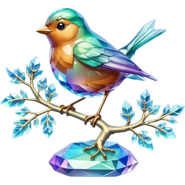 Highly detailed shot of an (((iridescence))) crystal sculpture in the shape of a robin on a crystal tree branch, a crystalline glowing robin emoji