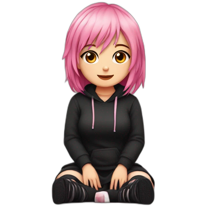 Full body Front view curvy emo girl pink hair sits on the floor straight view hands up black skirt полосатые рваные чулки emoji