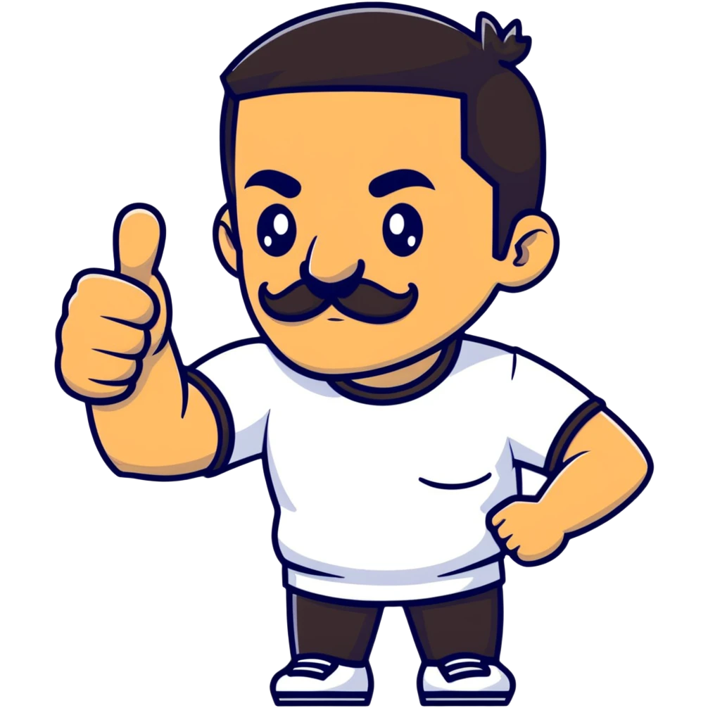 Recep İvedik in famous thumbs up pose, mustache, unibrow, wearing sportswear, exaggerated facial expression emoji