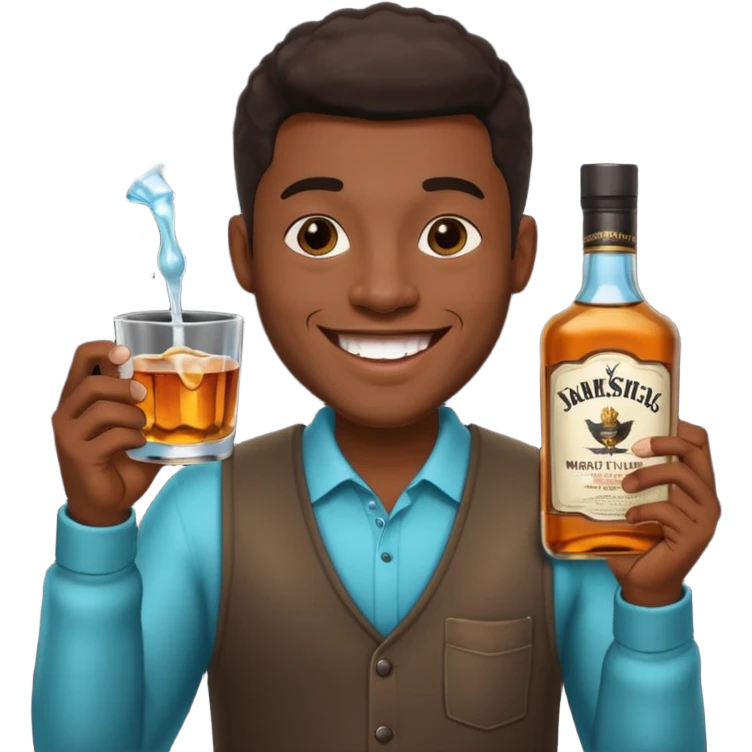 Black man with sparkling teeth, holding mouthwash and a cup of whiskey, black background emoji