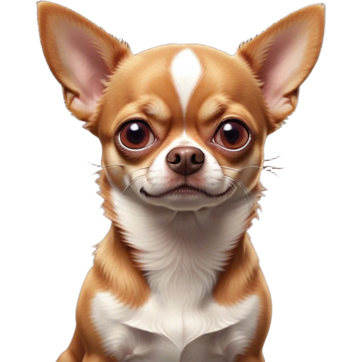 Cinematic Meme-Worthy Grumpy Red/White Short Haired Chihuahua Portrait Emoji, Head held high but eyes filled with dramatic disappointment, smooth red and white fur with a striking pattern, deeply furrowed brow forming an unmistakable scowl, floppy ears slightly angled back in disapproval, piercing dark eyes glaring with pure exasperation, Simplified yet hilariously over-exaggerated features, highly detailed, glowing with an aura of supreme annoyance, high shine, exhausted yet judgmental, stylized with an almost regal pettiness, bright but brooding, soft glowing outline, capturing the essence of a pup that has seen it all and is thoroughly unimpressed, so meme-worthy it feels like it could instantly become the next viral sensation of grumpiness! emoji