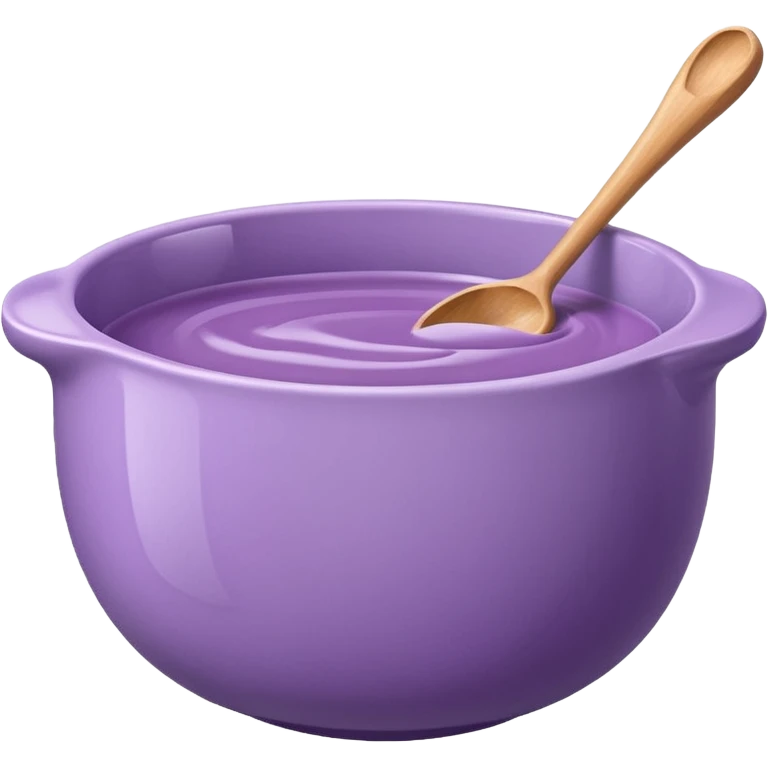 a lilac ceramic mixing bowl with a wooden spoon stirring emoji