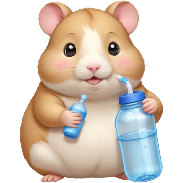 Cute chubby cartoon-style hamster hugging an oversized water bottle, sipping with tiny straw, happy expression. Painterly shading, expressive eyes, white background, sticker-style illustration emoji