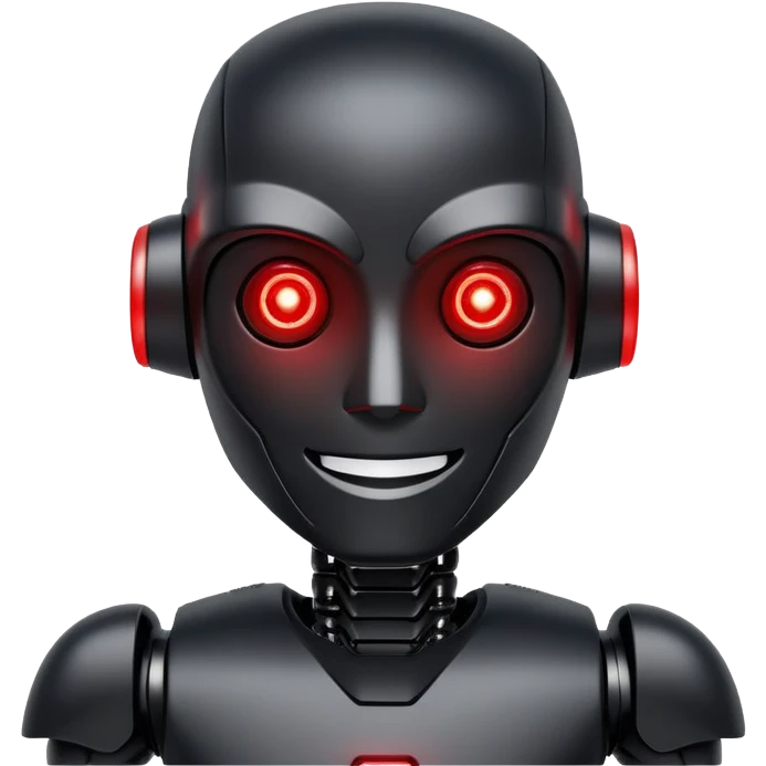 modern face of a black robot with white led eyes, red leds on robot, brave pose, smiling emoji