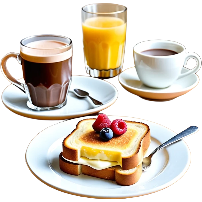 Un joli plateau sur lequel repose un délicieux petit déjeuner composé d’un croque-monsieur croustillant, d’un bol de yaourt aux fruits, d’une tasse de chocolat chaud garnie de guimauves et d’un joli vase contenant deux fleurs d’hibiscus emoji