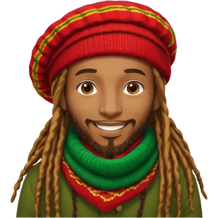 “Create a powerful illustrated portrait of a smiling man with long dreadlocks, wearing a colorful red, gold, and green knitted tam. The background has jungle leaves and warm lighting. Style: vibrant digital art, modern, bold lines, reggae vibe. With a Amsterdam colour scarf around his neck emoji
