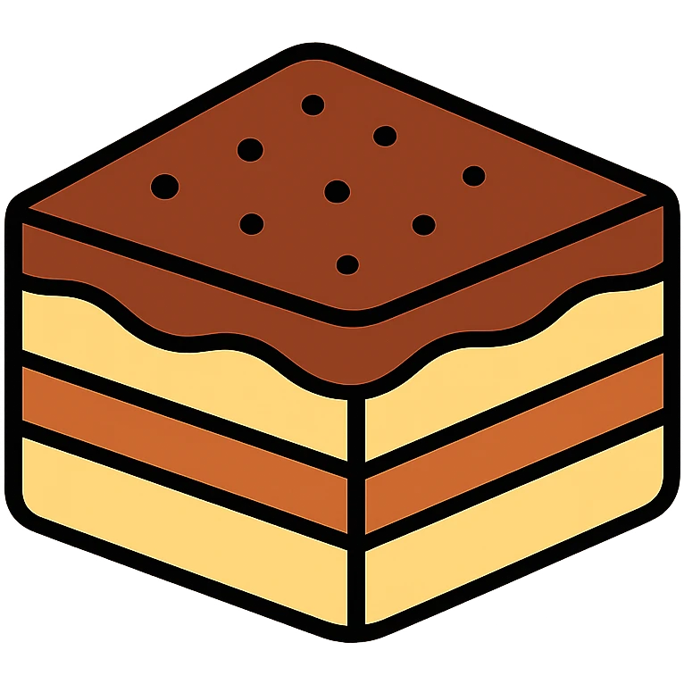 Tiramisu dessert slice with coffee-soaked ladyfingers, mascarpone cream layers, and cocoa powder on top emoji