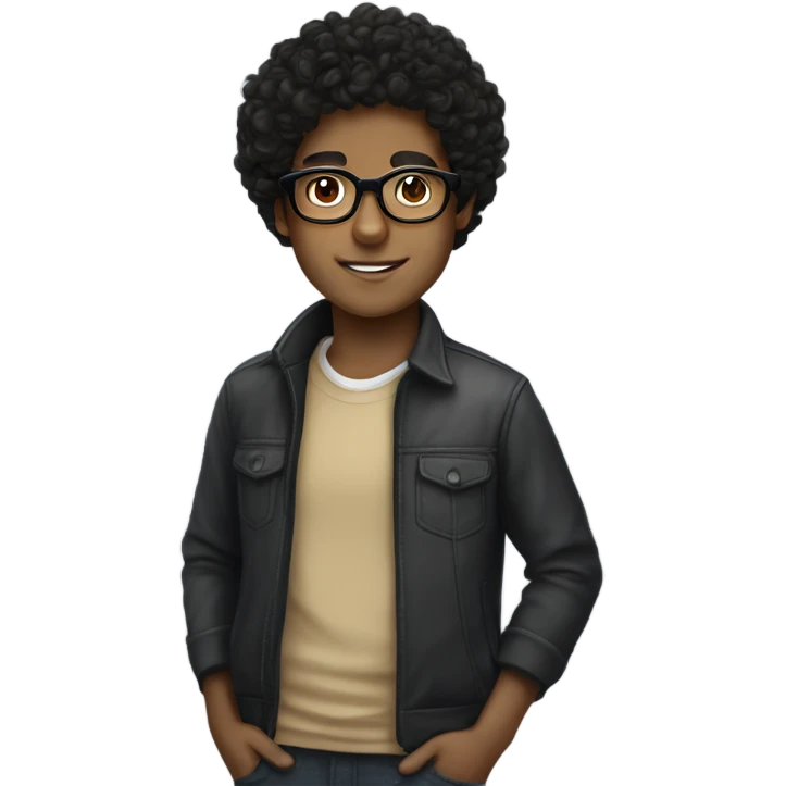 black curly hair, tan skin, glasses boy emoji