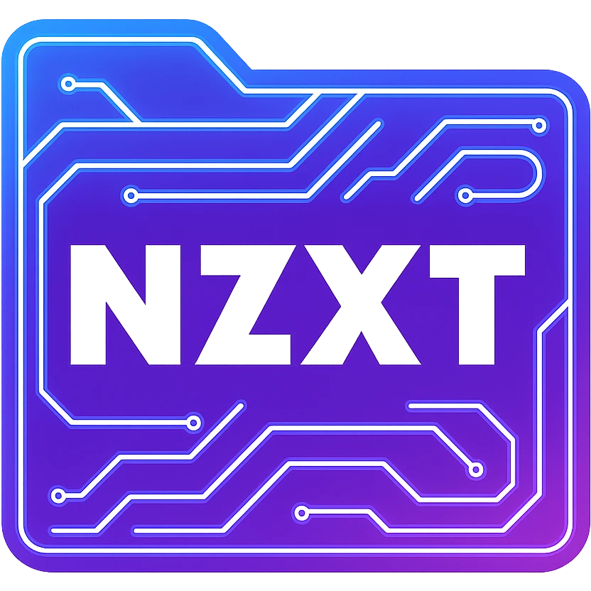 Redo the NZXT logo in a cyberpunk, holographic style. Keep the solid purple square background and ensure the NZXT text is bold, crisp, and white for maximum legibility. Overlay glowing neon blue and pink circuit patterns and edges, but do not obscure the text. The overall look should be futuristic and clean, with the cyberpunk theme integrated into the purple square background and the text remaining easy to read. emoji