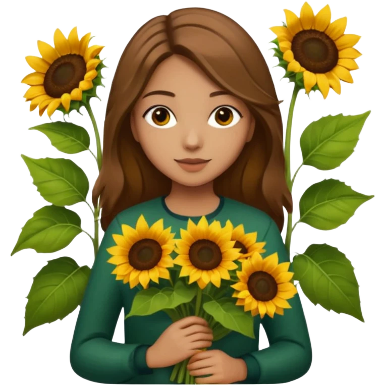 She appears to be a young woman with medium-length light brown hair that falls naturally past her shoulders. 
 In her hands, she holds a bouquet of bright yellow sunflowers with large green leaves, which stand out vividly against her dark clothing and the dark tiled wall behind her. emoji