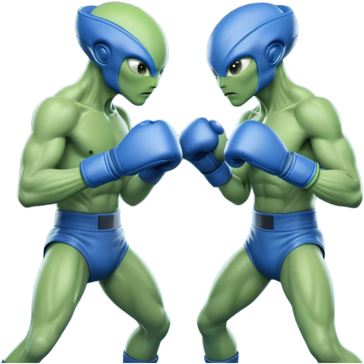 two aliens boxing in a fight stance, facing each other with raised gloves, dynamic action pose, intense expressions, sci-fi arena vibe, 3D cartoon style, mobile game icon style, clean background, no text, no watermark
 emoji