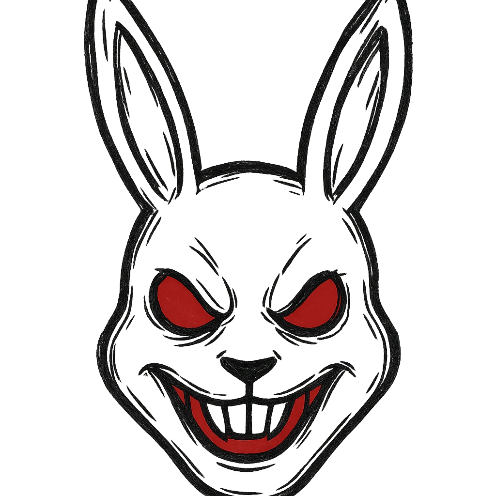 hand-drawn outline style evil white rabbit mask with red accents emoji