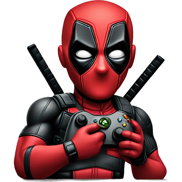 Deadpool holding xbox controller sitting at a des emoji