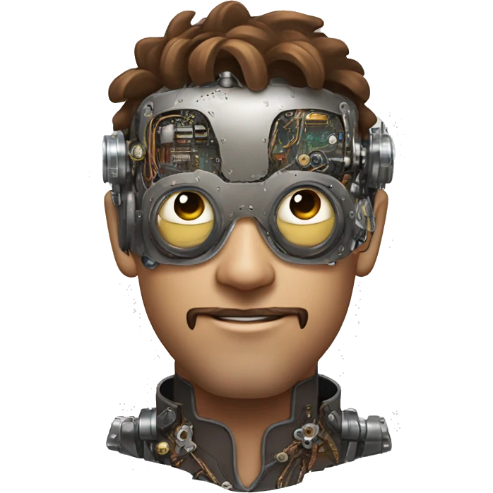 male cyborg head with brown shirt hair, brown beard, silver steampunk goggles and circuits emoji