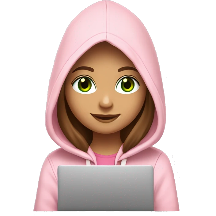 a girl with brown long hair, fair skin, green eyes, is working relaxed at a modern laptop in a monochrome pale pink zip hoodie with a hood and a pink monochrome T-shirt emoji
