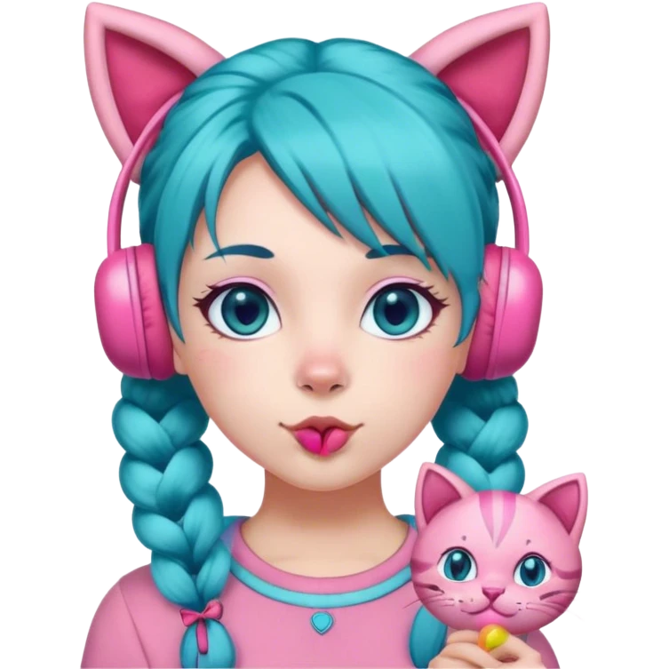 teal-blue hair with pigtails, pink lolipop on the mouth, light pink skin, pink eyes, pink top, pink cat earmuffs emoji