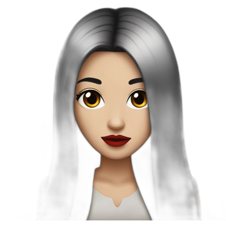 long straight black hair, red lipstick, black eyes, white skin and a small nose emoji