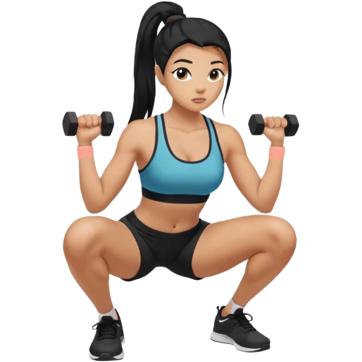 Women with long black ponytail doing a squat emoji