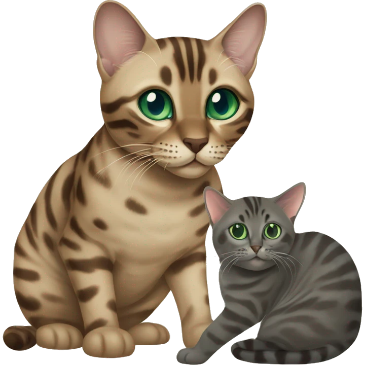 Seal Bengal cat with Blue eyes + charcoal Sepia bengal cat with Green eyes sit Next to each other  emoji