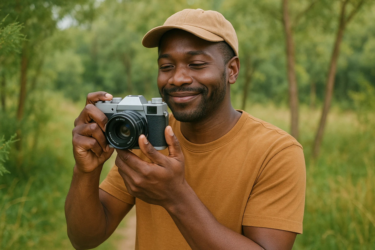 A black man taking a photo with a camera, outdoors, relaxed vibe. emoji