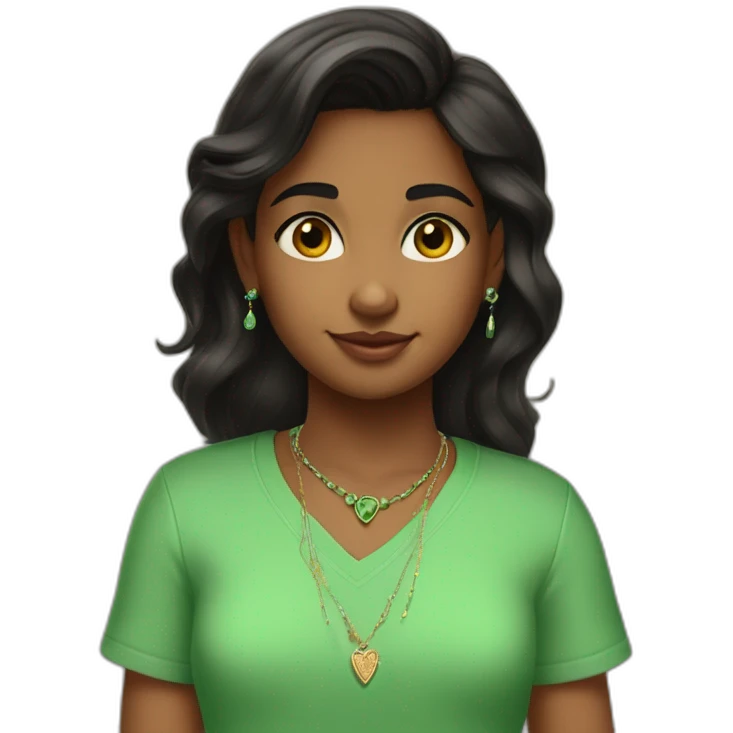 brown skinned black hair indian girl wearing a green shirt that says fifth grade with stud earrings and a necklace that says nila in cursive emoji