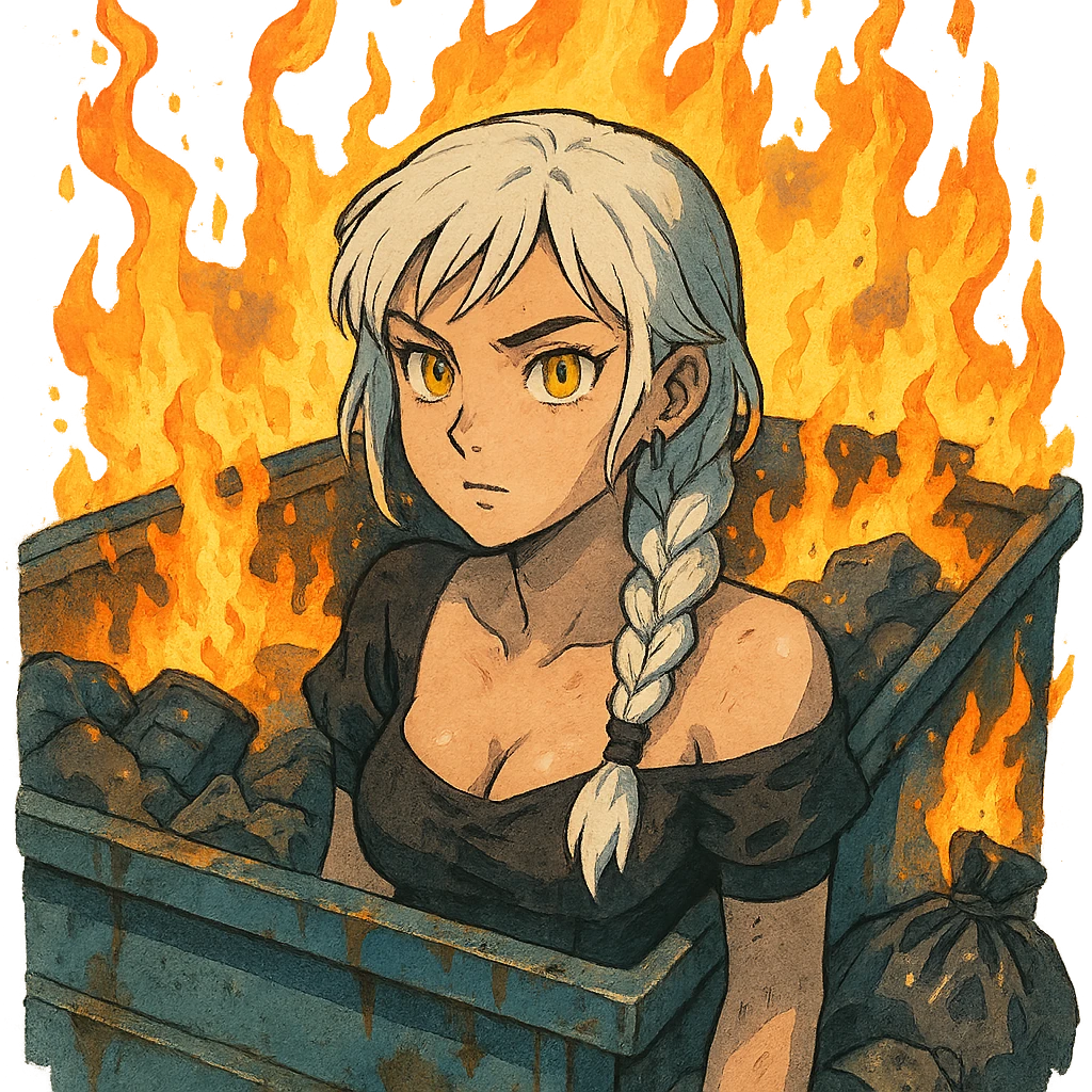 she is poking out from a garbage dumpster, fire, garbage fire, everything is on fire, a closeup portrait of young woman with gold yellow eyes, white hair, long braid, black off-shoulder top d-cup, punk gothic style, futuristic cyberwave cyberpunk, emoji