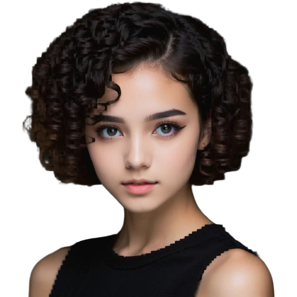 girl with short curly hair parted on the side, dark eyes and light makeup emoji