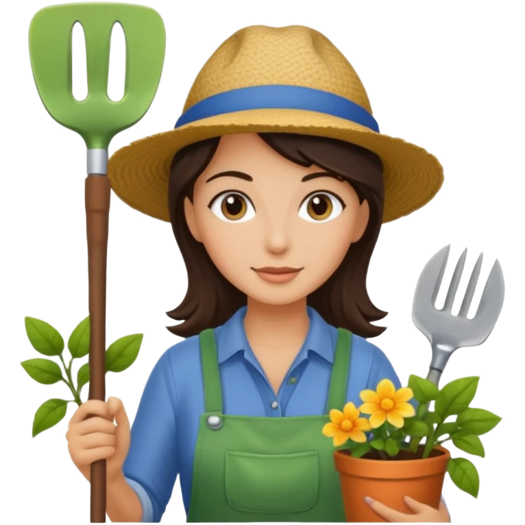 Brunette female gardener holding tools emoji