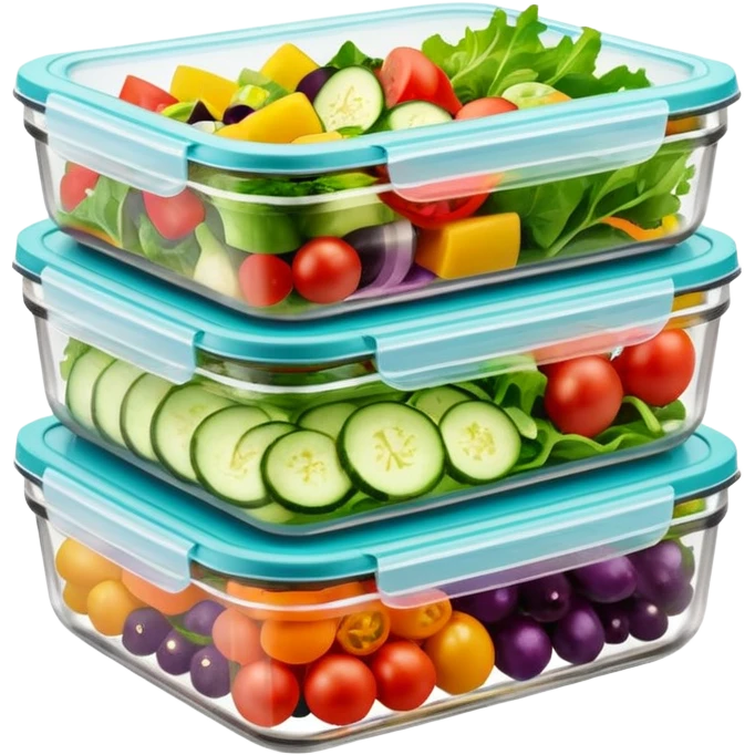 Clear glass meal prep containers stacked, filled with colorful salads emoji