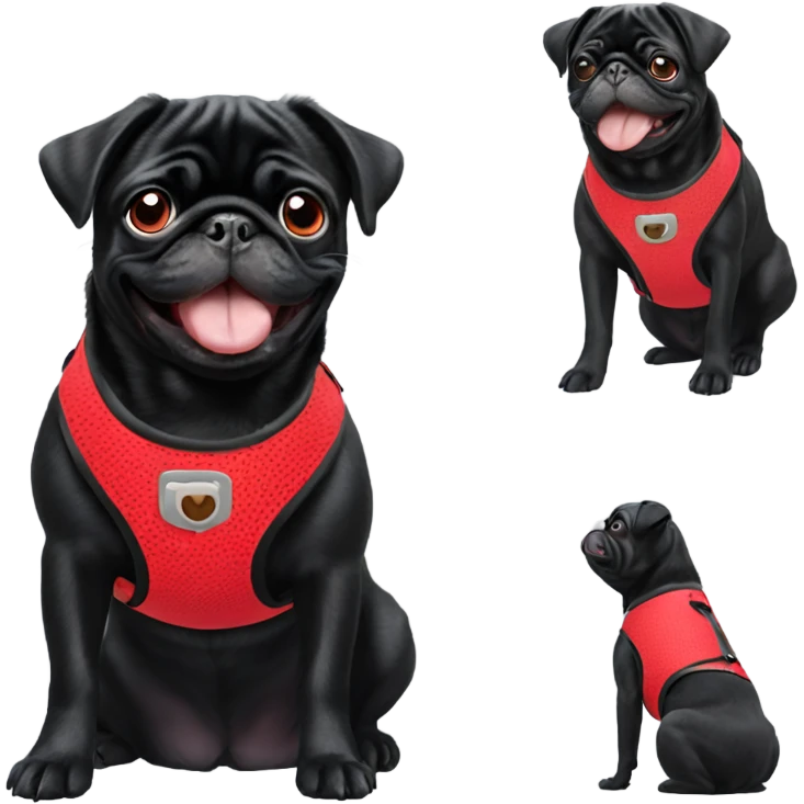 Black pug smiling in red harness emoji