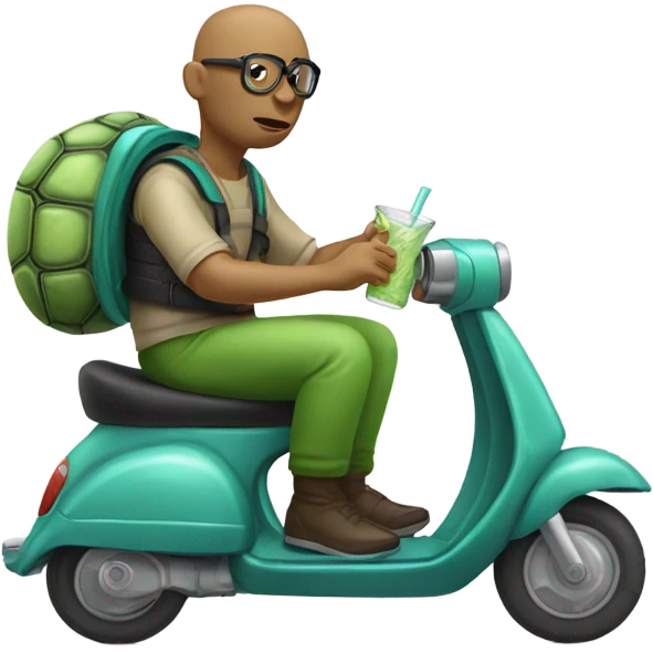 Bald turtle man drinking though a straw riding a scooter  emoji