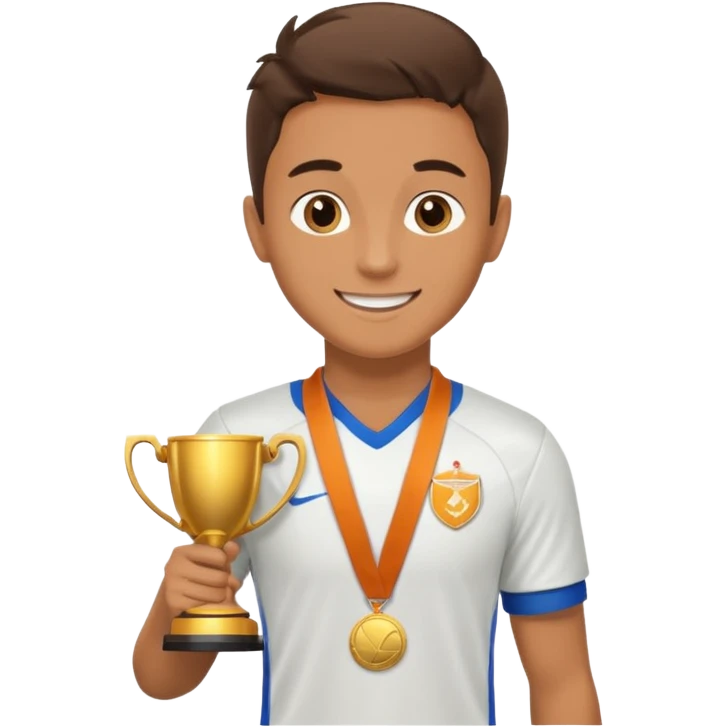 Happy light soccer player with a first-place medal and a trophy
 emoji