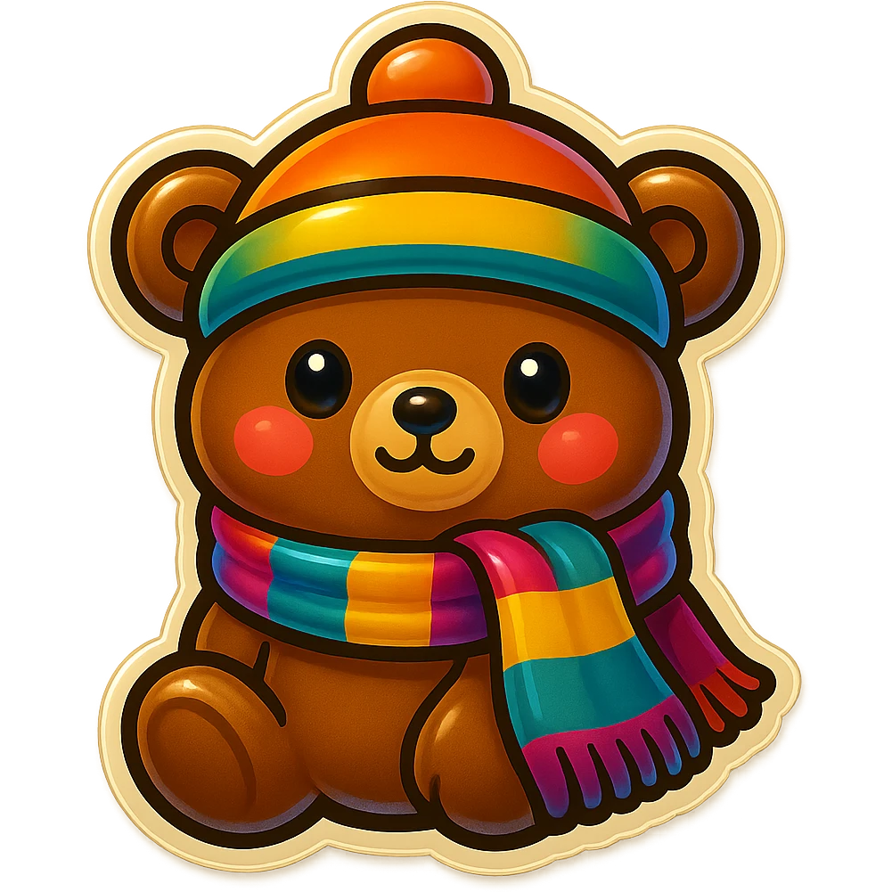 Add a colorful scarf to the cute cartoon bear with a hat, keep the fun and friendly retro stickers style, no background. emoji