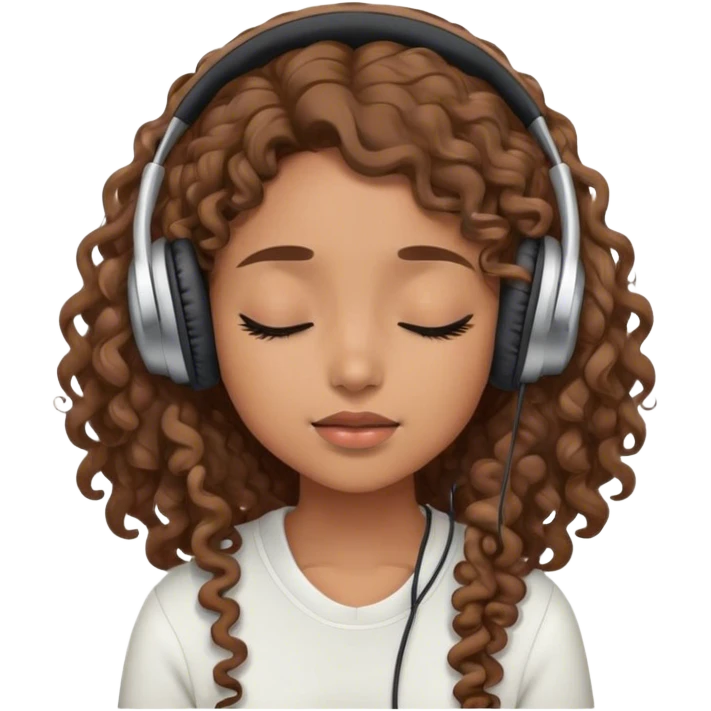 Light brown skin girl, long curly brown flat hair, eyes closed, headphones on listing to music emoji