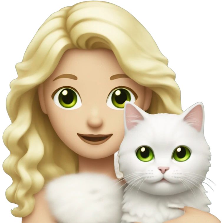 blonde emoji with green eyes with white fluffy cat in hand emoji