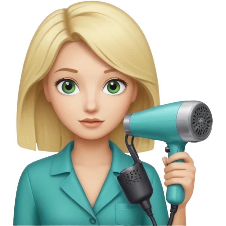 Blonde bob girl hair stylist with blue green eyes holding a hair dryer emoji