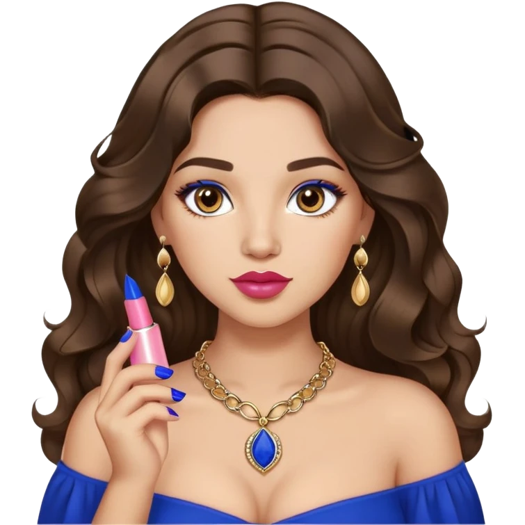 Light skinned girl, long wavy dark natural brown hair center-part with face framing pieces, big hazel eyes, small gold necklace, royal blue top, prominent blush, big lips, fancy long acrylic nails done, holding lipstick. She is curvy emoji