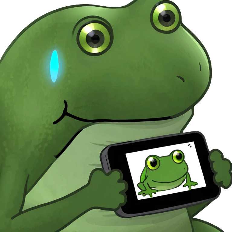 bufo frog with a holographic display, futuristic artificial intelligence emoji