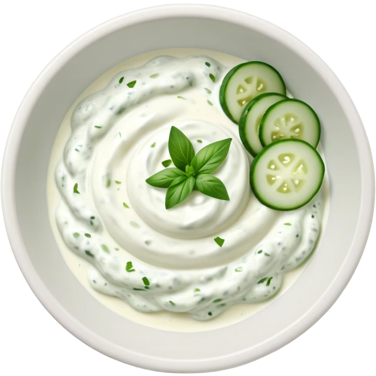 Cinematic Realistic Tzatziki Dish Emoji, featuring a creamy, tangy yogurt sauce with cucumber and herbs rendered with soft textures and cool, refreshing lighting. emoji