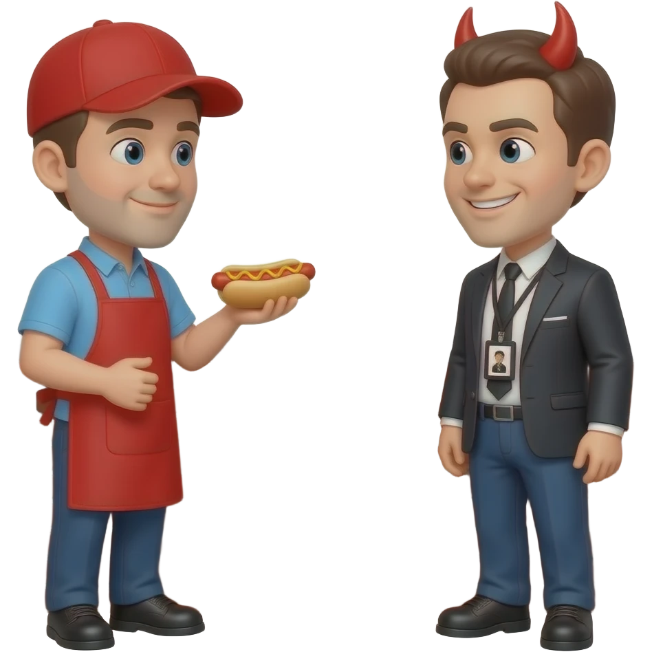 Two people standing on two different sides of a wall. One of the guys is a hot dog seller. The other guy is a ice agent smirking devilishly emoji
