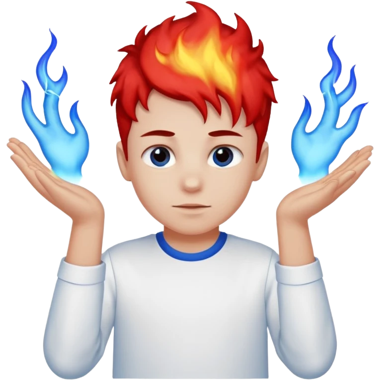 A boy with no hands fire instead made out of red fire and ,blue fire only on a white shirt that the boy is wearing  emoji