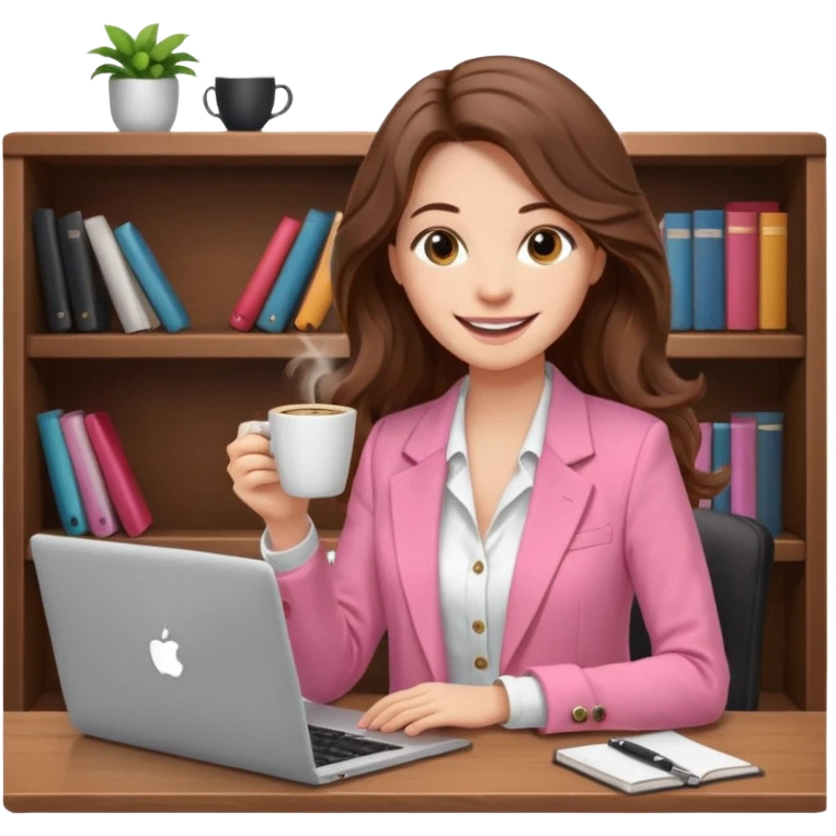 smiling woman with long wavy brown hair, pink blazer, white top, holding coffee and working on laptop — cozy home office background emoji